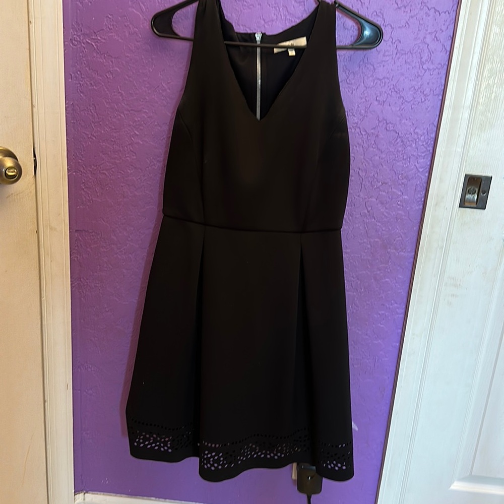 Lark & Ro little black dress with laser cut detail at hem